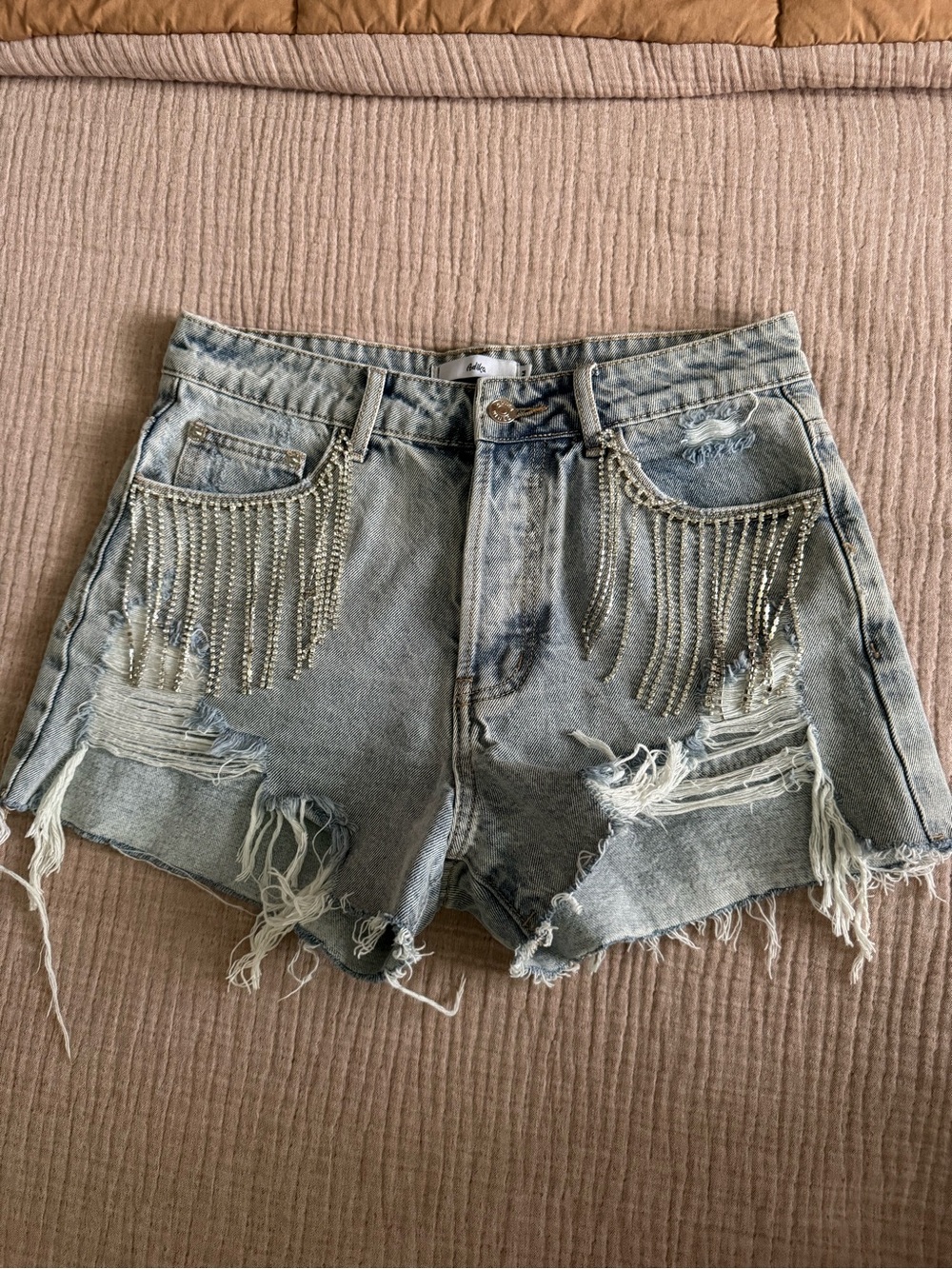Adika Light Blue Distressed Denim Shorts with Crystal Fringe